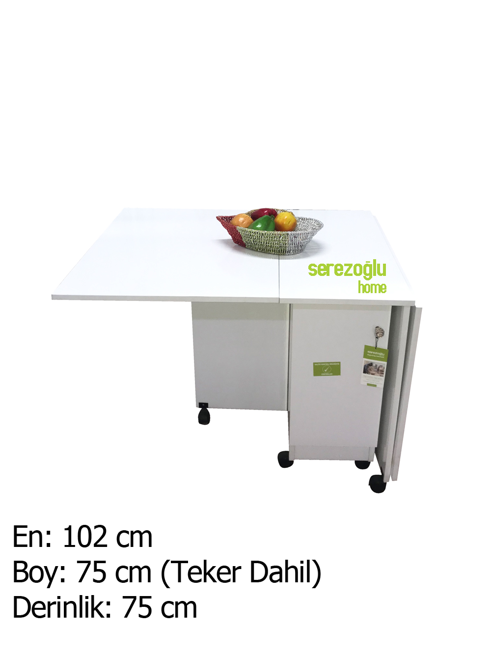 Hamarat Dolaplı Katlanır Yemek Masası, Açılır Kapanır Masa, Mutfak Masa-Led Işıklı-Tekerli-Parlak Beyaz