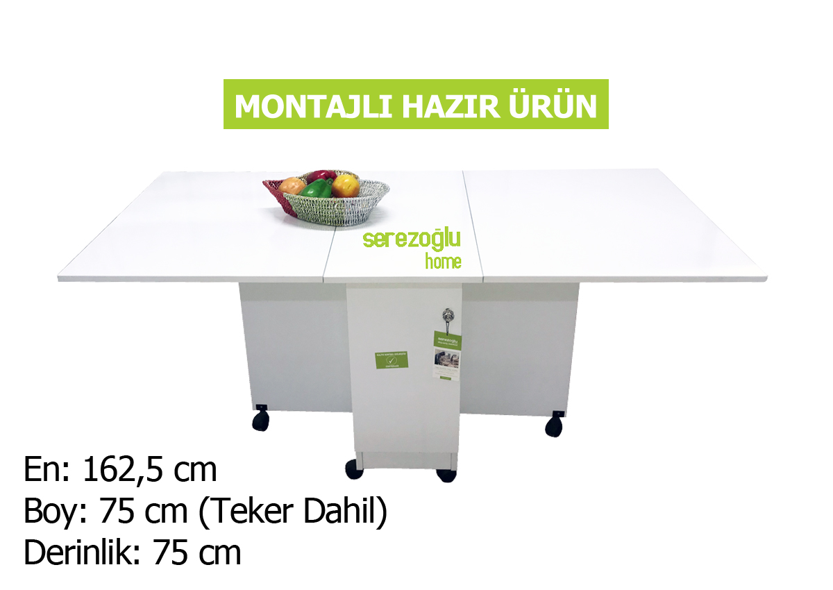 Hamarat Dolaplı Katlanır Yemek Masası, Açılır Kapanır Masa, Mutfak Masa-Led Işıklı-Tekerli-Parlak Beyaz