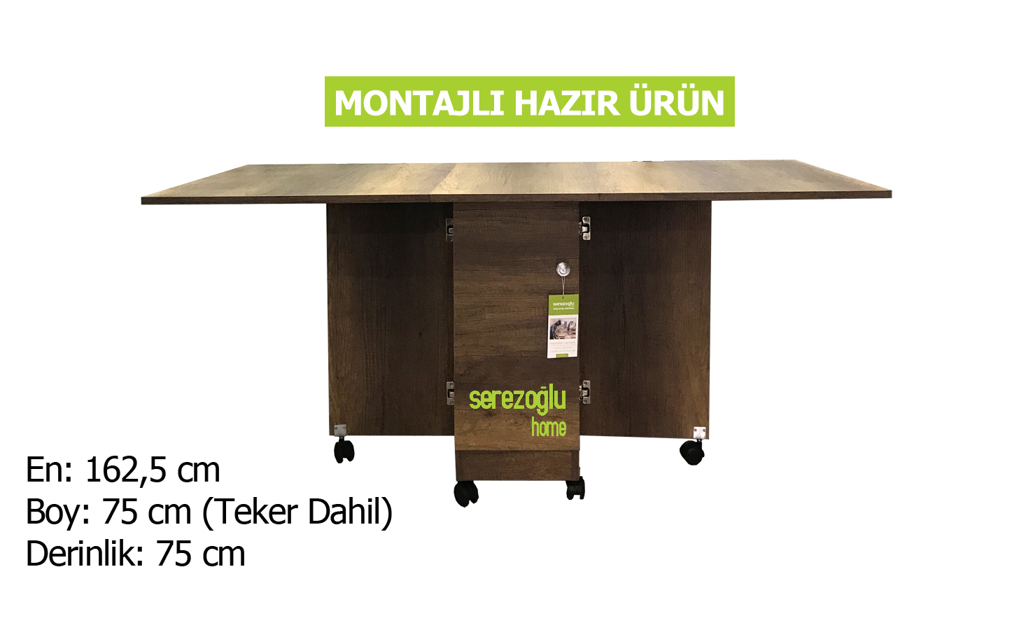 Hamarat Dolaplı Katlanır Yemek Masası, Açılır Kapanır Masa, Mutfak Masa-Led Işıklı-Tekerli-Ceviz